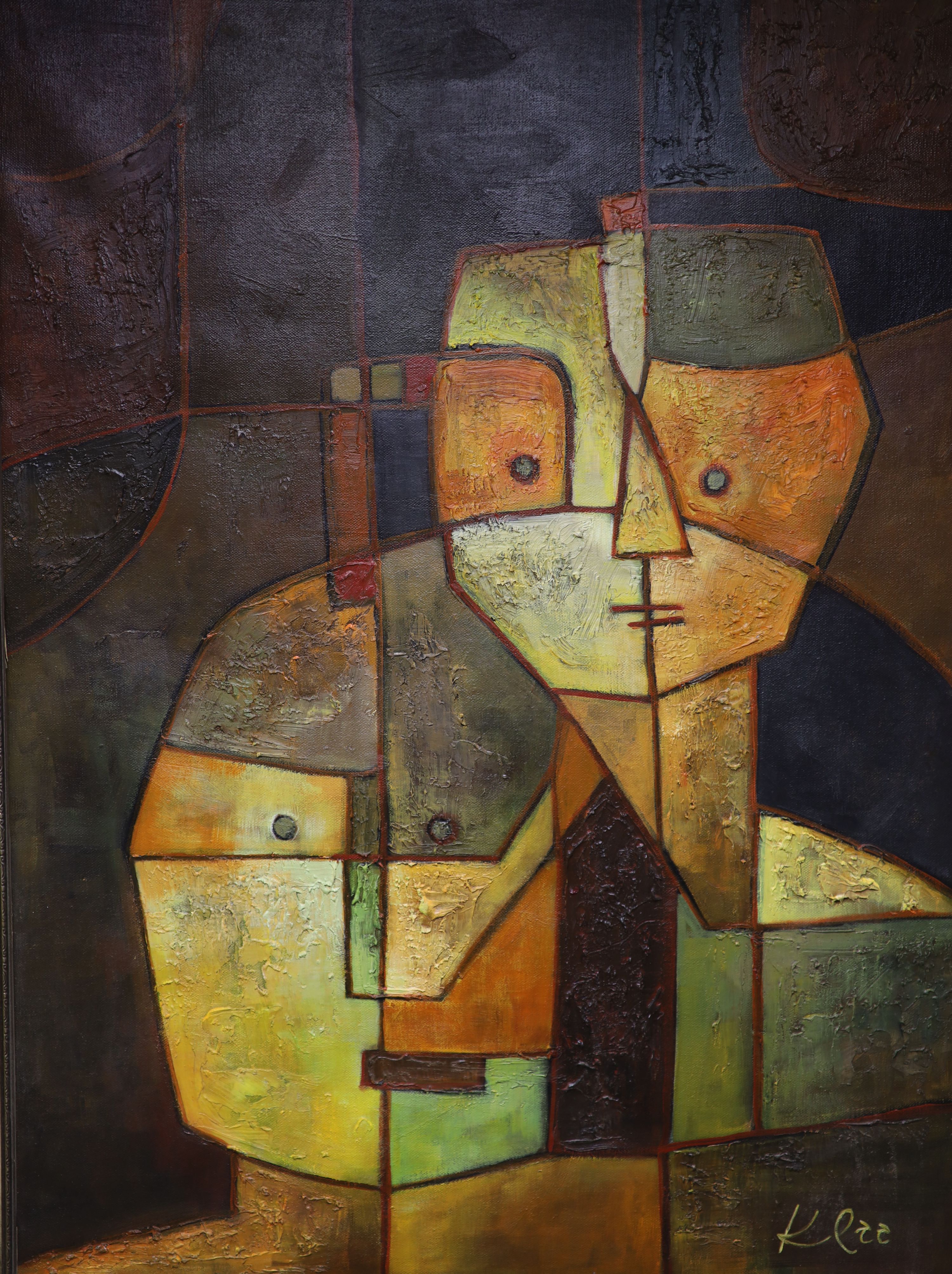 After Paul Klee, oil on canvas, Two Heads, bears signature, 74 x 54cm